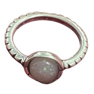 Silver Tone Faux White Opal Round Bezel Scalloped Band Ring Sz 3.75 Boho Dainty